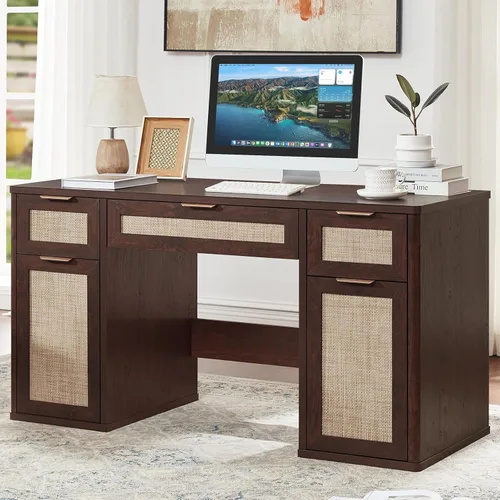Miniatura 13 de LEYAOYAO Office Desk 56" with 5 Drawers Storage File Cabinet Rattan Wood Desk for Computer Office Bedroom Home Furniture Black