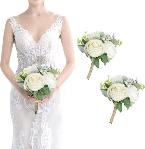 Miniatura 13 de Ramos de dama de honor para boda, juego de 6 ramos de flores artificiales para decoración de otoño, boda, propuesta de matrimonio, fiesta, Naranja