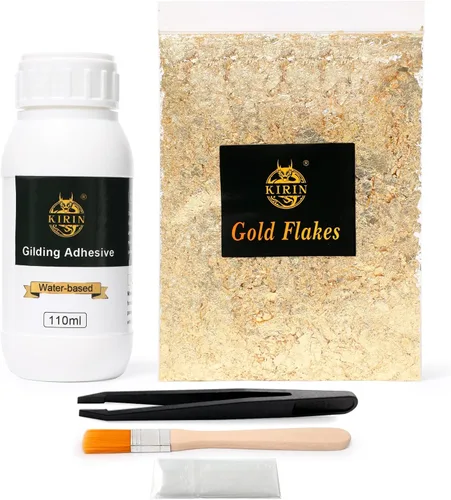 Adhesivo dorado de 3.7 fl oz con kit de copos dorados de 0.18 oz – Resina epoxi a base de agua, adhesivo de hojas de metal dorado para lienzo,
