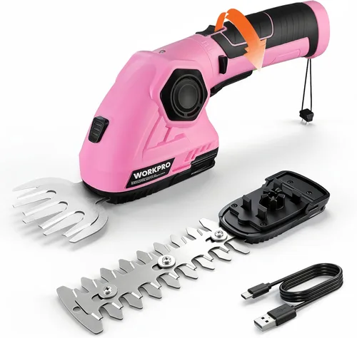 WORKPRO Cortadora de césped y arbustos inalámbrica rosada - Cortasetos de mano 2 en 1 7.2 V, cortadora de césped eléctrica, cortadora de