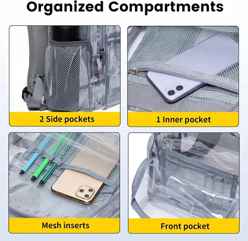 Miniatura 5 de Vorspack Mochila transparente resistente - Mochila transparente de PVC grande para libros para trabajo universitario, Gris, Transparente