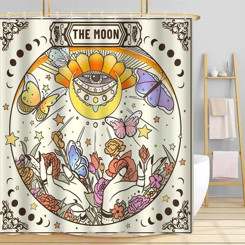 Miniatura 6 de YLOKTP0330 - Cortina de ducha de tarot, 36 x 72 pulgadas, diseño floral retro de ojo malvado, cortinas de baño, sol, luna, estrella, ouija, manos