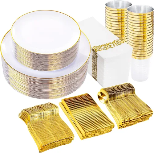 Miniatura 15 de Supernal 150 platos de plástico blanco y dorado, cubiertos de plástico dorado, juego de vajilla blanca incluye 60 platos, 30 tenedores, 30 Juego