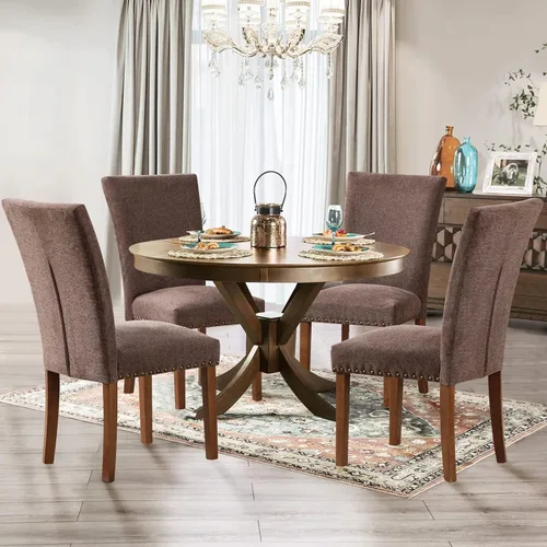 Miniatura 4 de Juego de 2 sillas de comedor Parsons, sillas tapizadas con cabeza de clavo para comedor y cocina con cojines gruesos y patas de madera, color marrón