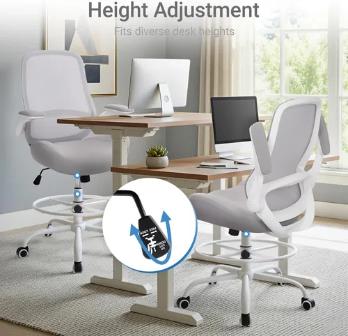 Miniatura 3 de HYLONE Silla de dibujo alta de oficina con reposabrazos abatibles, silla ergonómica para computadora con soporte lumbar, reposapiés ajustable, Gris