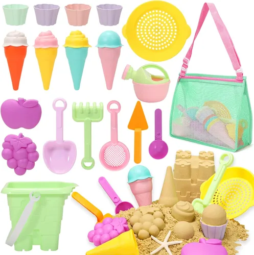 Tagitary Juguetes de arena de playa para niños, juguetes de playa, juego de 23 piezas con moldes de arena para pastel de helado, bolsa de playa de