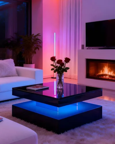 Miniatura 13 de FKWin Mesas de centro negras para sala de estar, mesa de centro LED con luces, moderna mesa de centro negra con superficie de alto brillo, mesa