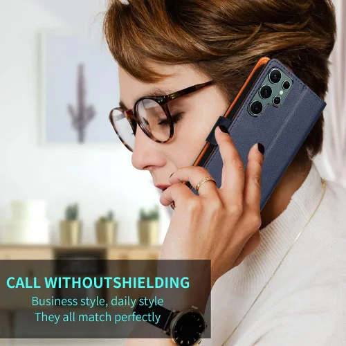Miniatura 6 de Funda compatible con Samsung S22 Ultra, de piel auténtica, con bloqueo RFID, función atril, cierre magnético fuerte, ranuras para tarjetas