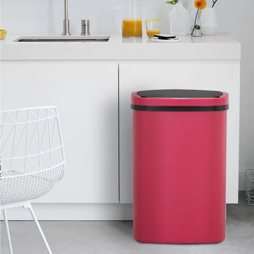 Miniatura 6 de BestOffice Papelera de plástico de 13 galones con tapa Roja Basurero automático sin tacto Control de olores Diseño ovalado moderno Fácil
