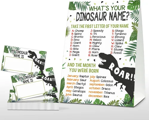 Juego de nombre de dinosaurio con texto en inglés "What's Your Dinosaur Name" - Juegos de fiesta de cumpleaños de safari para adultos - Actividad