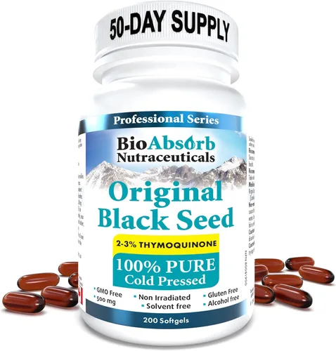 Bio Absorb Black Seed Oil Cápsulas prensadas en frío. 200 cápsulas blandas, 500 mg (suministro para 50 días). Sin regusto.