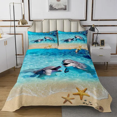 Miniatura 2 de Homewish Juego de 2 piezas de colcha con diseño de delfín, diseño de vida marina y estrellas de mar, coral, para decoración de habitación de niños