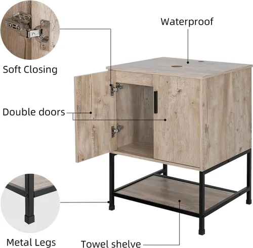 Miniatura 6 de UEV Tocador de Baño de Roble Rústico de 24" con Lavabo, Conjunto de Gabinete de Baño con Marco de Hierro Industrial con Puertas y Estante, con Combo