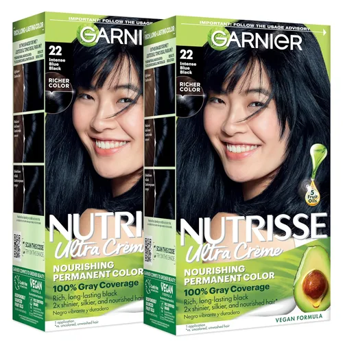 Garnier Nutrisse - Tinte en crema nutritiva para el cabello, permanente, 22 negro azulado intenso (Mulberry), 2 unidades (el empaque puede variar)