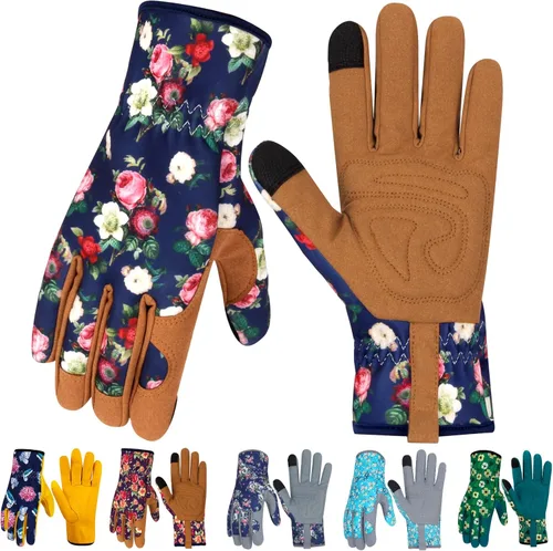 Guantes de Jardinería de Cuero MERTURN para Mujeres, Guantes de Jardín a Prueba de Espinas, Guantes de Trabajo Compatibles con Pantalla Táctil, Azul