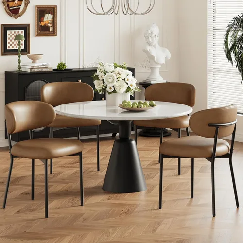 Miniatura 10 de MALOL Juego de 2 sillas de comedor de cuero con reposabrazos, silla de comedor tapizada con respaldo curvado y patas de madera, sillas de cocina