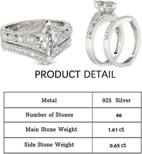 Miniatura 2 de Jeulia Juego de 2 anillos de plata de ley con corte marquesa milgrain para novia, boda, compromiso, aniversario