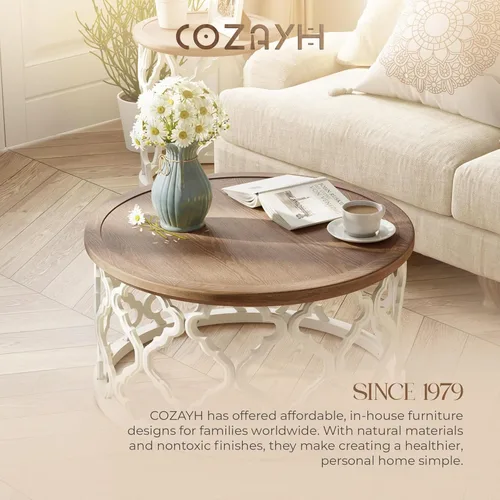 Miniatura 7 de COZAYH Mesa de centro redonda de granja, bandeja de madera envejecida con base curvada, mesa rústica bohemia para sala de estar, color blanco