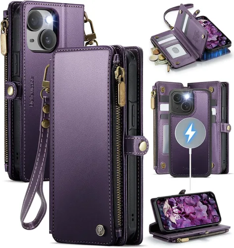 Miniatura 15 de Defencase Compatible con iPhone 15 Plus Funda Cartera con Tarjetero de Bloqueo RFID para Mujeres y Hombres, Cuero PU Cierre Magnético Plegable Rojo