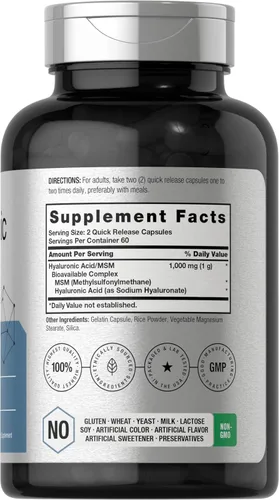 Miniatura 2 de Horbäach Ácido hialurónico con MSM 1000 mg 120 cápsulas Suplemento sin OMG y sin gluten Fórmula biodisponible