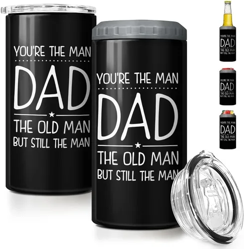 SANDJEST Regalos para papá de 4 en 1, taza de papá divertida para papá de hija e hijo - Taza con enfriador de lata de 12 oz para viejo gracioso,