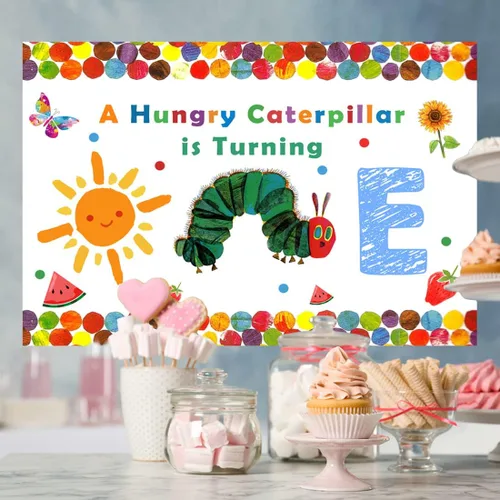 Miniatura 3 de Lofaris A Hungry Caterpillar is Turning One Happy Birthday - Telón de fondo de fiesta de cumpleaños con diseño de oruga de dibujos animados, diseño