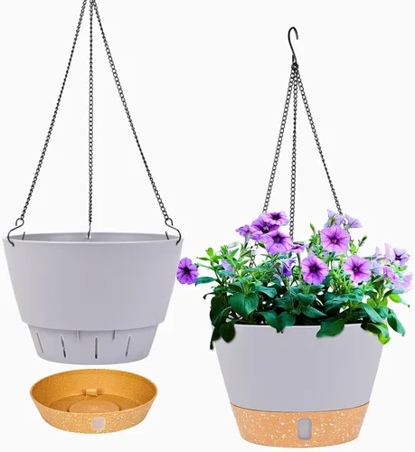 Miniatura 19 de QCQHDU Paquete de 2 macetas colgantes de 10 pulgadas para plantas de interior y exterior, cestas colgantes macetas de flores con bandeja de depósito