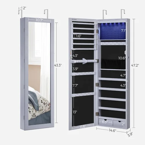 Miniatura 23 de Songmics - UJJC93W - Armario para joyas que se puede cerrar con llave, de montaje en pared o puerta, con espejo de 6 luces LED, para organización