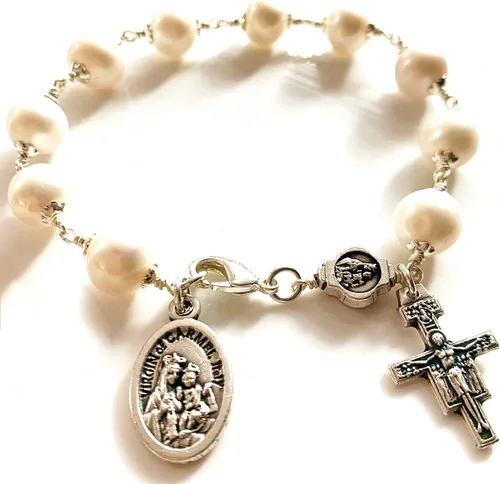 elegantmedical HECHO A MANO Alambre De Plata Envoltura Perla ROSARIO PULSERA CRUZ CATÓLICA, Cobre