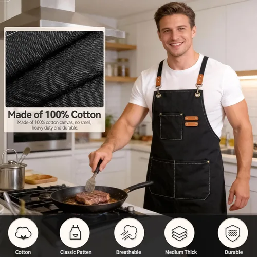 Miniatura 2 de Delantales de chef para hombres y mujeres con bolsillos grandes, delantal de lona de algodón resistente con espalda cruzada Negro