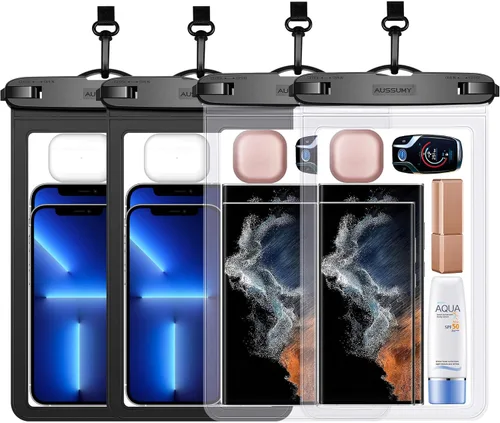 Paquete de 4 fundas impermeables grandes para teléfono de 10.5" - Soporte transparente para celular bajo el agua - Bolsa seca universal a prueba de