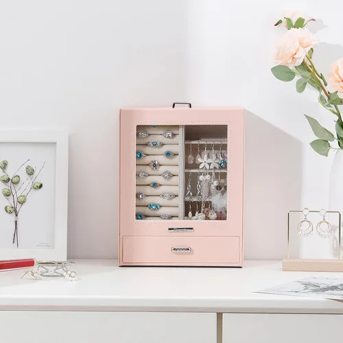 Miniatura 9 de Homde Organizador de joyas para niñas y mujeres, joyero para collares, anillos, aretes, estuche de almacenamiento de joyas (rosa melocotón)