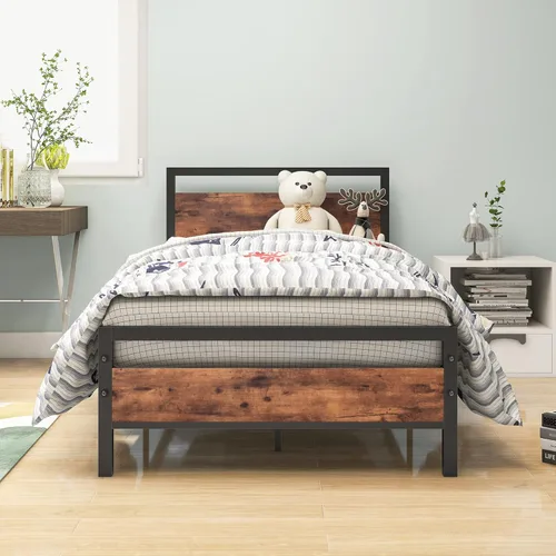 HOJINLINERO Marco de cama de metal tamaño individual con cabecera de madera, marco de cama de plataforma individual, listones de acero, no necesita