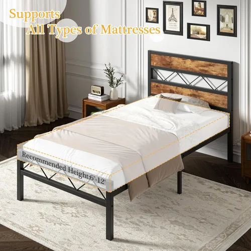 Miniatura 7 de VECELO Base de cama tamaño individual con cabecero, plataforma resistente con soporte de listones de metal, no necesita somier, fácil montaje, negro