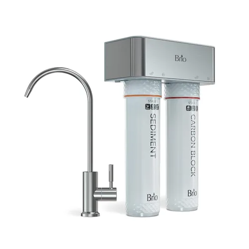 Brio Sistema de filtración debajo del fregadero de 2 etapas, grifo de níquel cepillado, filtros de sedimentos y carbono de capacidad de 950 galones,