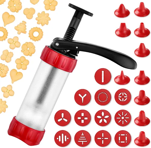 Juego de prensa para galletas, máquina para hacer churros con 12 moldes y 10 puntas para decorar pasteles, prensa para galletas y churros, rojo