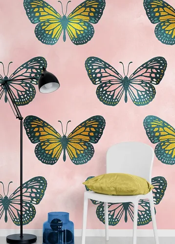 Miniatura 4 de Mural de pared con patrón de mariposa grande sobre fondo rosa. Dormitorio, guardería, decoración del hogar. Papel tapiz autoadhesivo #6441