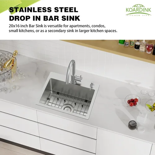 Miniatura 3 de Fregadero de cocina y bar, 20 x 16 pulgadas, de acero inoxidable, moderno, de un solo tazón, montaje superior, fregadero de cocina y bar, rejilla