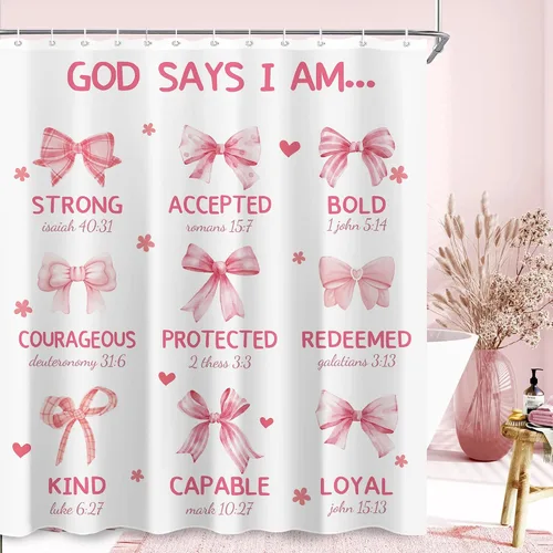 Juego de cortinas de ducha con lazo rosa para baño, 60 pulgadas de ancho x 72 pulgadas de alto, cortina de ducha con texto en inglés «God says I Am,