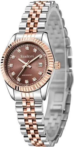Miniatura 9 de Reloj clásico para mujer con banda de acero inoxidable sólido, reloj de vestir para mujer, reloj con calendario
