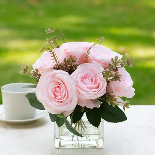 ENOVA FLORAL Flores artificiales de seda de 9 cabezas en jarrón, arreglo de flores artificiales de rosa rosa en jarrón con agua sintética para
