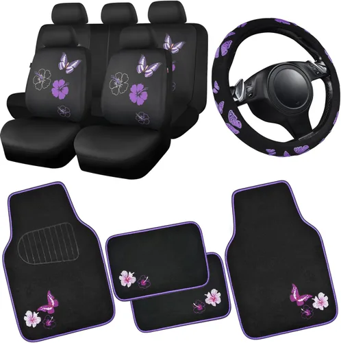 CAR PASS Juego completo de fundas de asiento de coche de tela universal con mariposas, alfombrillas de coche impermeables bordadas con flores, funda