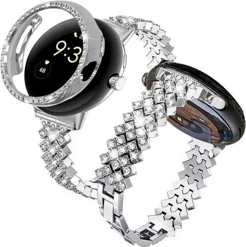 Bling Bands Compatible con Google Pixel Watch 2 bandas para mujer – Brazalete de metal con diamantes de imitación de joyería de acero inoxidable