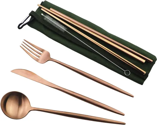 Miniatura 5 de Juego de cubiertos ecológicos con acabado mate, 7 piezas, cuchillos, tenedor, cuchara, acero inoxidable 18/10, negro, utensilios de viaje portátiles