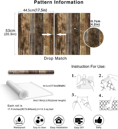Miniatura 4 de Papel tapiz autoadhesivo de 17.7 x 236 pulgadas con tablones de madera para decoración de pared de gabinetes, estantes, cajones Marrón