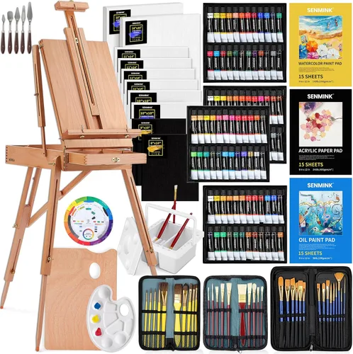 Juego de 196 piezas de pintura de artista de lujo con caballete francés, 48 colores acrílicos y pinturas al óleo, pinturas de acuarela de 24