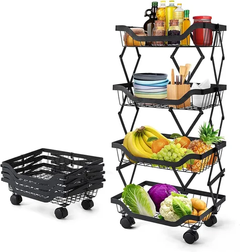 Cestas de cocina, despensa, organizador de almacenamiento, sin necesidad de montaje, 4 niveles, plegable, de metal, plegable, cesta de frutas y