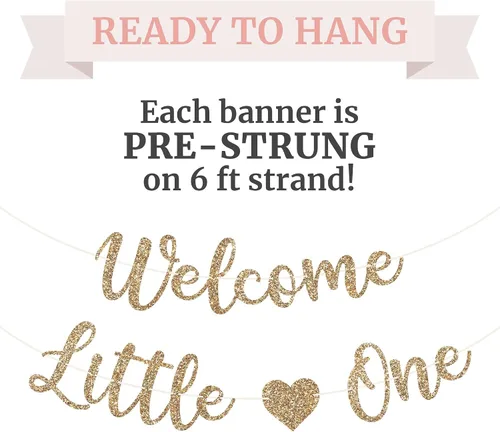Miniatura 3 de Cartel de bienvenida preencordado con texto en inglés «Welcome Little One», «No hazlo tú mismo» – Cartel dorado con purpurina para fiesta