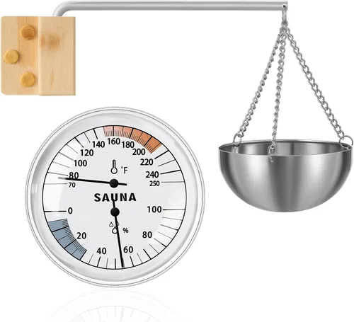 Relaxweex 2 juegos de termómetro de sauna y soporte para taza de aceite de aromaterapia, termómetro e higrómetro 2 en 1 Fahrenheit de 15 minutos,