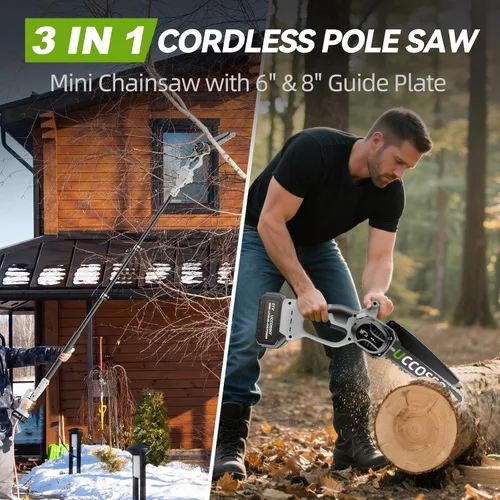 Miniatura 2 de Sierras de poste eléctricas 3 en 1 para poda de árboles, mini motosierra inalámbrica de 6 y 8 pulgadas con poste de extensión, motor sin escobillas